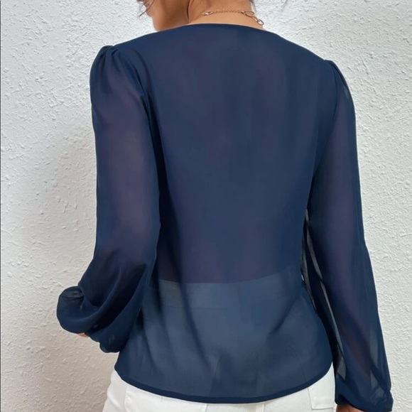 Classic navy blue  lace V neck blouse - Picture 15 of 15